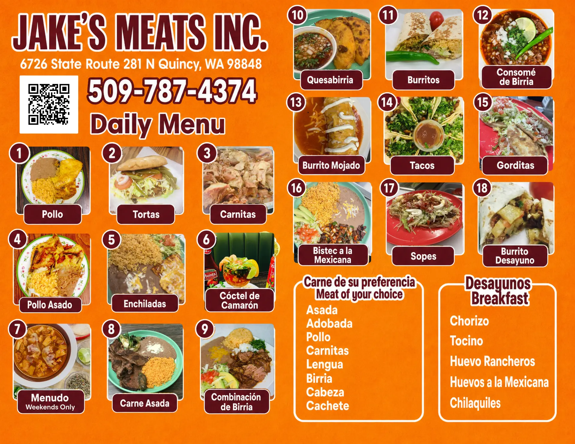 Jake's Meats daily menu: plates, tacos, burritos, tortas, breakfast and choice of meats.