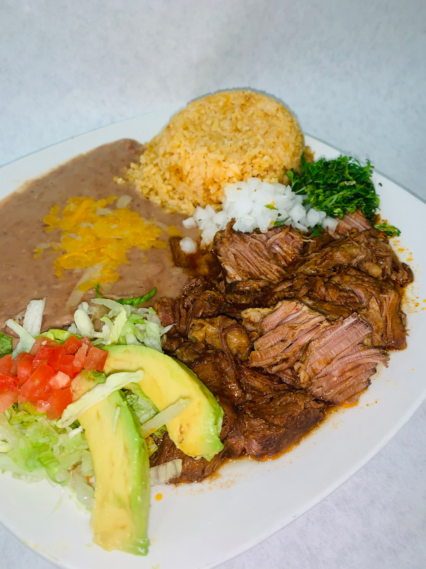 Combinación de birria plate with rice, beans, avocado and salad at Jake's Meats